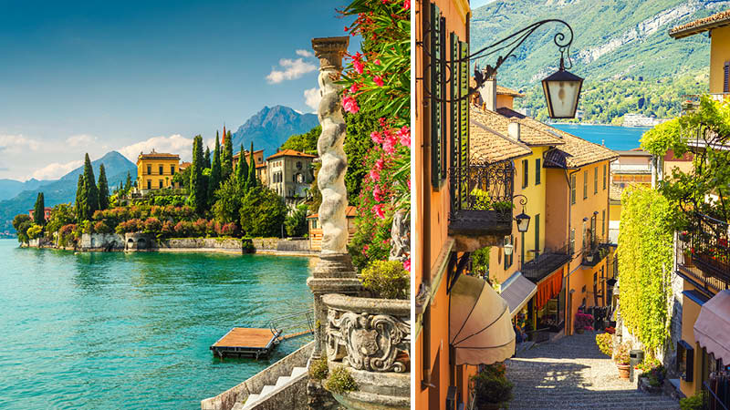 Färgglada hus, blommor och alper i orten Bellagio vid Comosjön, Italien.